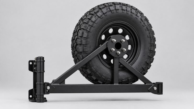 Generic spare wheel attached to a black triangular swing-away tire-carrier frame, shown without a vehicle.