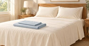 Cream sheets and pillows with folded blue bedding on a queen-size bed.