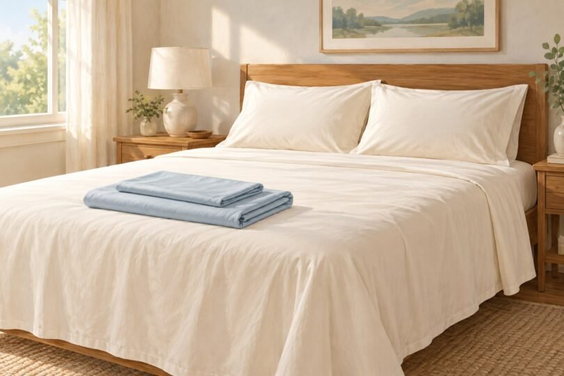 Cream sheets and pillows with folded blue bedding on a queen-size bed.
