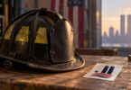 Editorial illustration of a firefighter helmet beside an unused remembrance decal.