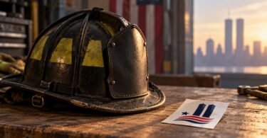 Editorial illustration of a firefighter helmet beside an unused remembrance decal.