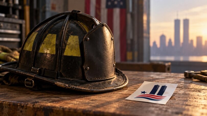 Editorial illustration of a firefighter helmet beside an unused remembrance decal.