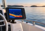 Generic unbranded marine sonar display beside a boat console.
