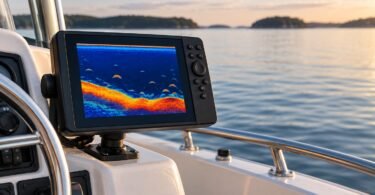 Generic unbranded marine sonar display beside a boat console.