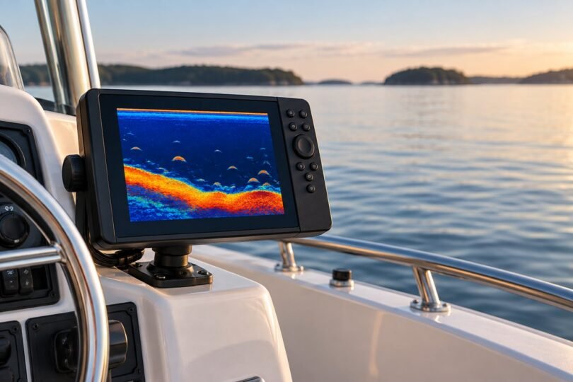 Generic unbranded marine sonar display beside a boat console.
