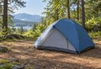 Generic unbranded blue and grey dome tent at a woodland campsite.