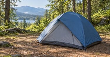 Generic unbranded blue and grey dome tent at a woodland campsite.