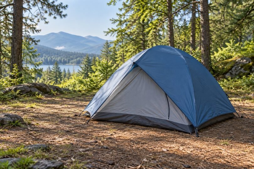 Generic unbranded blue and grey dome tent at a woodland campsite.