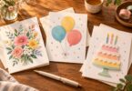 Generic floral, balloon and paper-cake birthday cards with envelopes and a pen.