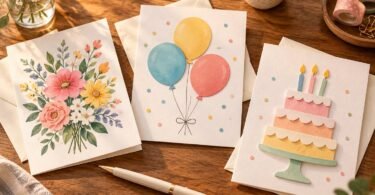 Generic floral, balloon and paper-cake birthday cards with envelopes and a pen.