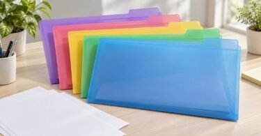 Generic translucent colored top-tab file folders and blank documents on a desk.