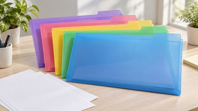 Generic translucent colored top-tab file folders and blank documents on a desk.