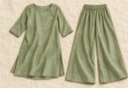 Illustration of a sage green tunic top and matching wide-leg palazzo trousers laid flat.
