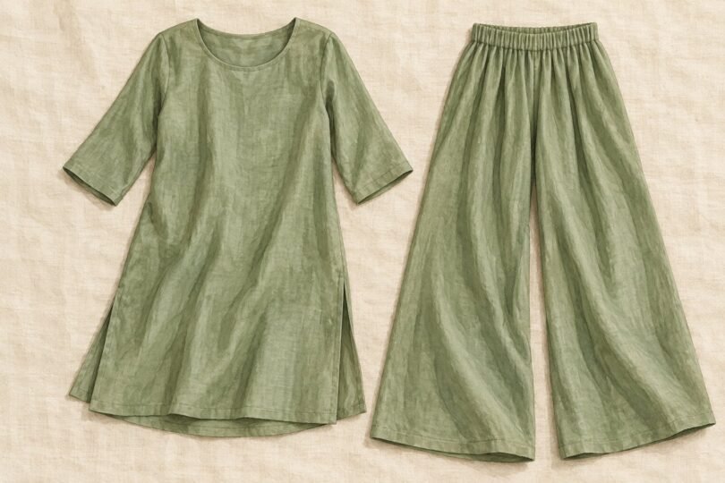 Illustration of a sage green tunic top and matching wide-leg palazzo trousers laid flat.