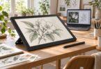 Generic drawing pen display on a desk beside a laptop and stylus.
