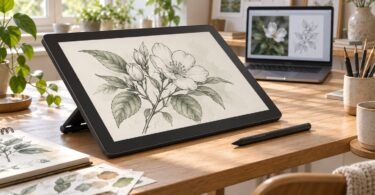Generic drawing pen display on a desk beside a laptop and stylus.