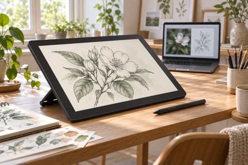 Generic drawing pen display on a desk beside a laptop and stylus.