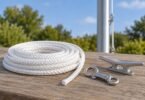 Coiled white braided rope beside a flag snap and cleat outdoors.