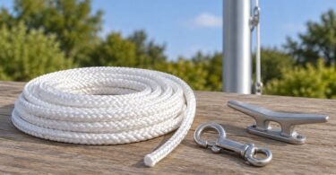 Coiled white braided rope beside a flag snap and cleat outdoors.