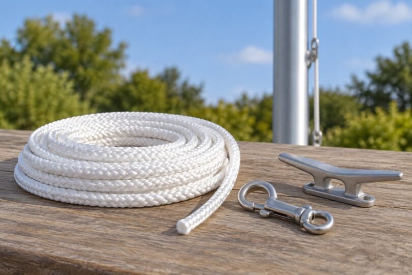 Coiled white braided rope beside a flag snap and cleat outdoors.
