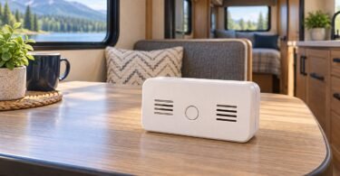 Generic uninstalled alarm on an RV dinette table, shown as an editorial illustration.