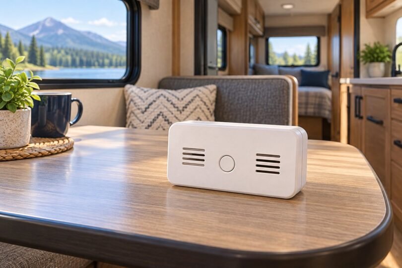 Generic uninstalled alarm on an RV dinette table, shown as an editorial illustration.