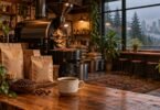 Editorial illustration of a generic Pacific Northwest coffee roastery.