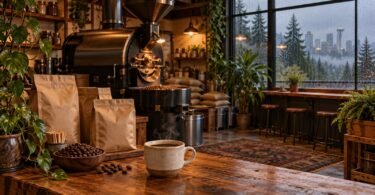 Editorial illustration of a generic Pacific Northwest coffee roastery.