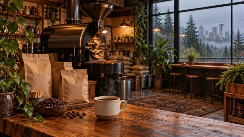 Editorial illustration of a generic Pacific Northwest coffee roastery.
