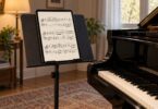 Generic unbranded tablet displaying musical notation on a music stand beside a piano.