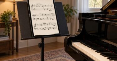 Generic unbranded tablet displaying musical notation on a music stand beside a piano.