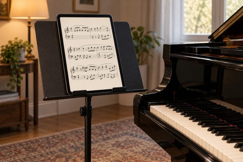 Generic unbranded tablet displaying musical notation on a music stand beside a piano.