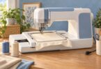 Generic embroidery machine at rest with blank fabric in a hoop and an unplugged cord.