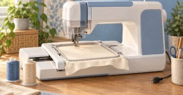 Generic embroidery machine at rest with blank fabric in a hoop and an unplugged cord.