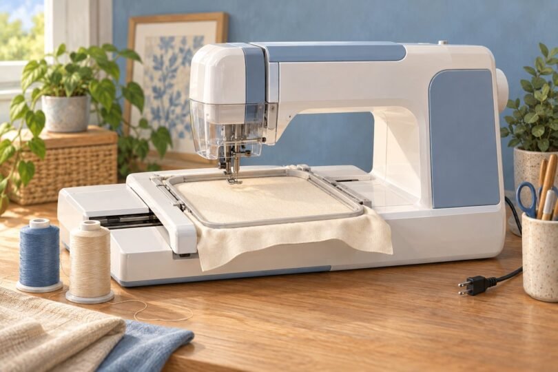 Generic embroidery machine at rest with blank fabric in a hoop and an unplugged cord.