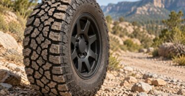 A generic all-terrain tire and dark wheel on a gravel trail.