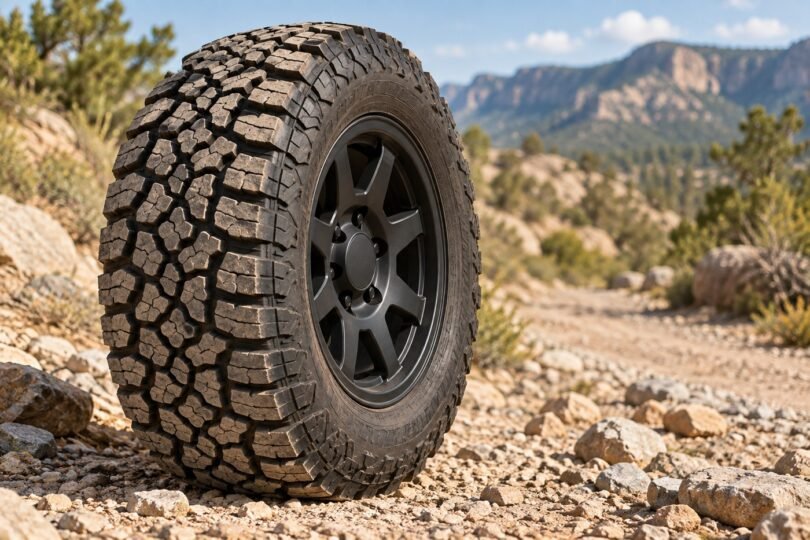 A generic all-terrain tire and dark wheel on a gravel trail.