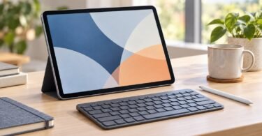 A generic unbranded tablet on a stand beside a detached keyboard and stylus.