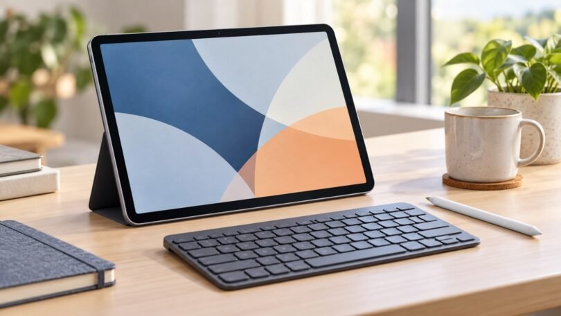 A generic unbranded tablet on a stand beside a detached keyboard and stylus.