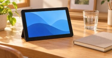 A generic compact tablet with a blue screen on a home desk.