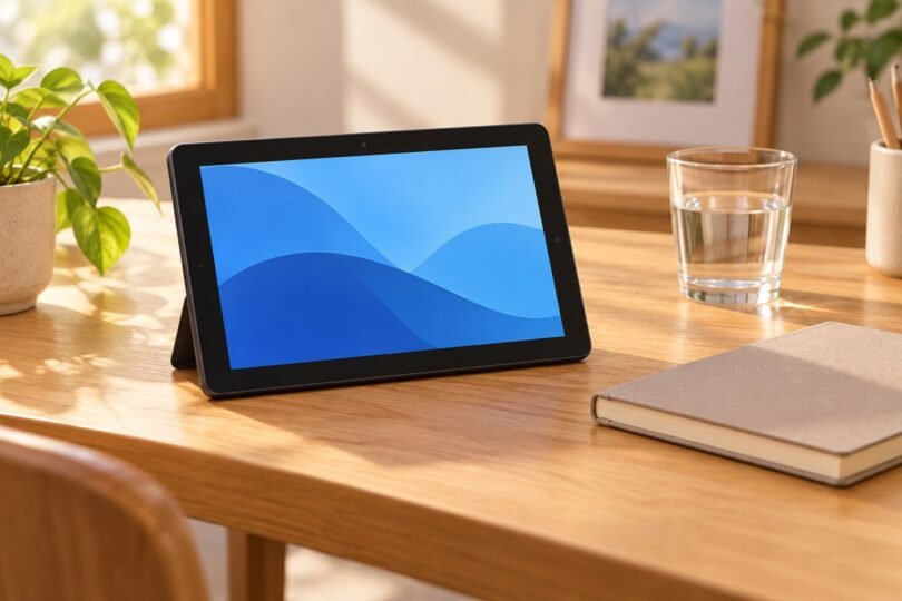 A generic compact tablet with a blue screen on a home desk.