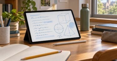 A generic tablet with study notes and a stylus beside an open notebook.