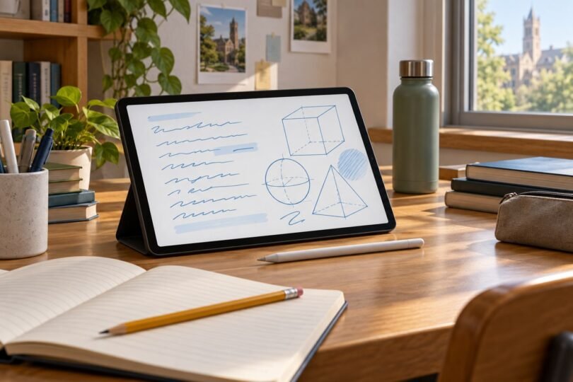 A generic tablet with study notes and a stylus beside an open notebook.