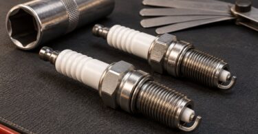 Two automotive spark plugs on a workshop mat with a spark-plug socket and feeler gauge behind them.