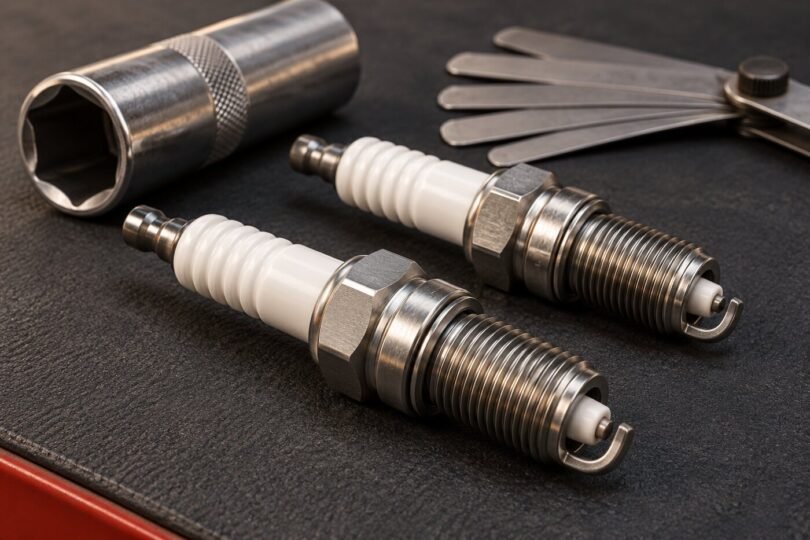 Two automotive spark plugs on a workshop mat with a spark-plug socket and feeler gauge behind them.