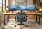 Wide desk with three monitors on separate stands, keyboard, mouse and task chair.