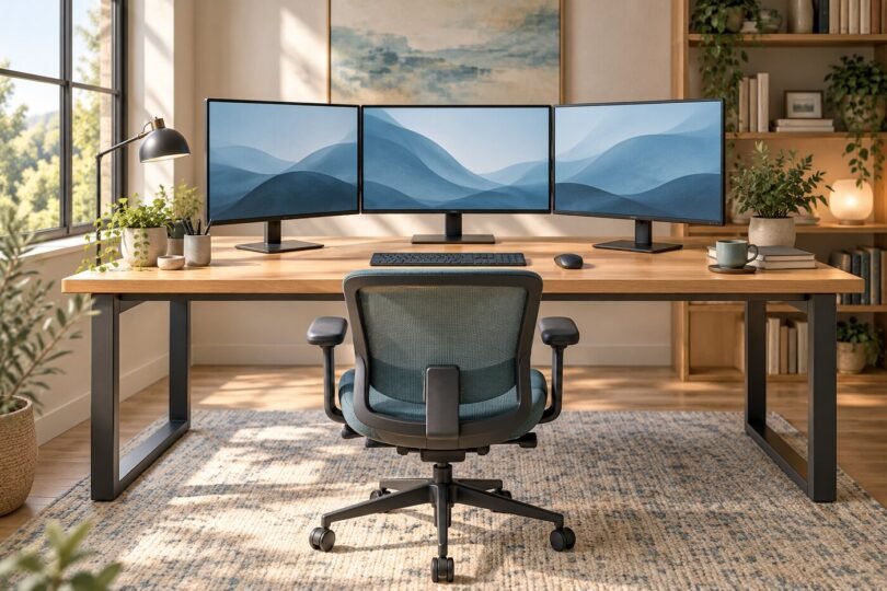 Wide desk with three monitors on separate stands, keyboard, mouse and task chair.