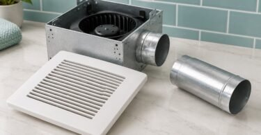 Bathroom exhaust fan housing, white grille and separate short round metal duct on a light surface.