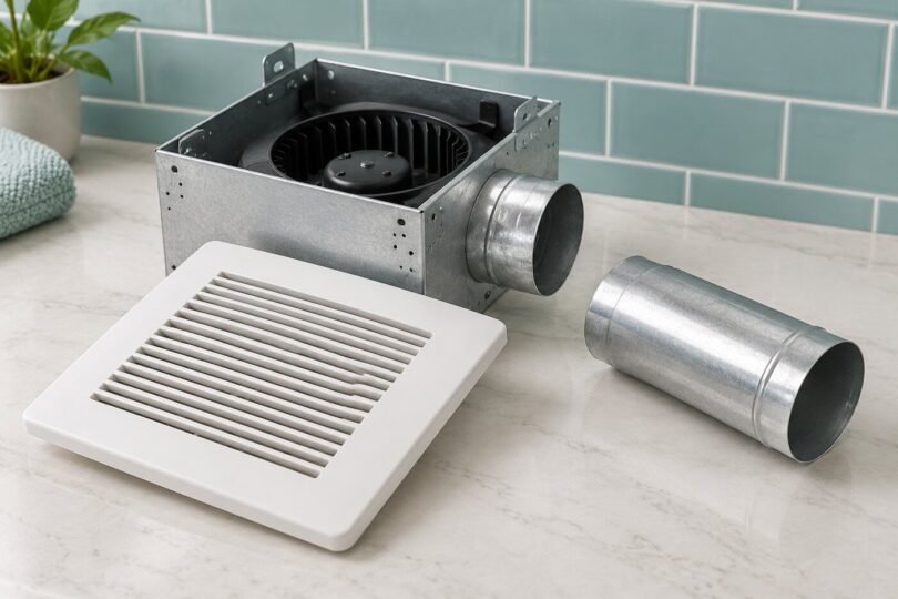 Bathroom exhaust fan housing, white grille and separate short round metal duct on a light surface.
