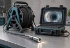 Sewer inspection camera kit with a push-cable reel, monitor case and illuminated camera head.